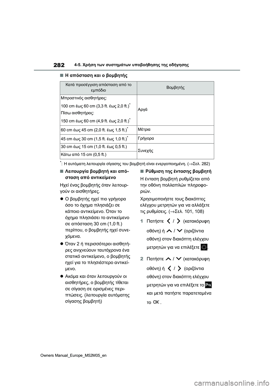 TOYOTA YARIS 2022 ΟΔΗΓΌΣ ΧΡΉΣΗΣ (in Greek) 282
Owners Manual_Europe_M52M05_en
4-5. Χρήση των συστημάτων υποβοήθησης της οδήγησης
■Η απόσταση και ο βομβητής
*:Η αυτόματη λ TOYOTA YARIS 2022 ΟΔΗΓΌΣ ΧΡΉΣΗΣ (in Greek) 282
Owners Manual_Europe_M52M05_en
4-5. Χρήση των συστημάτων υποβοήθησης της οδήγησης
■Η απόσταση και ο βομβητής
*:Η αυτόματη λ
