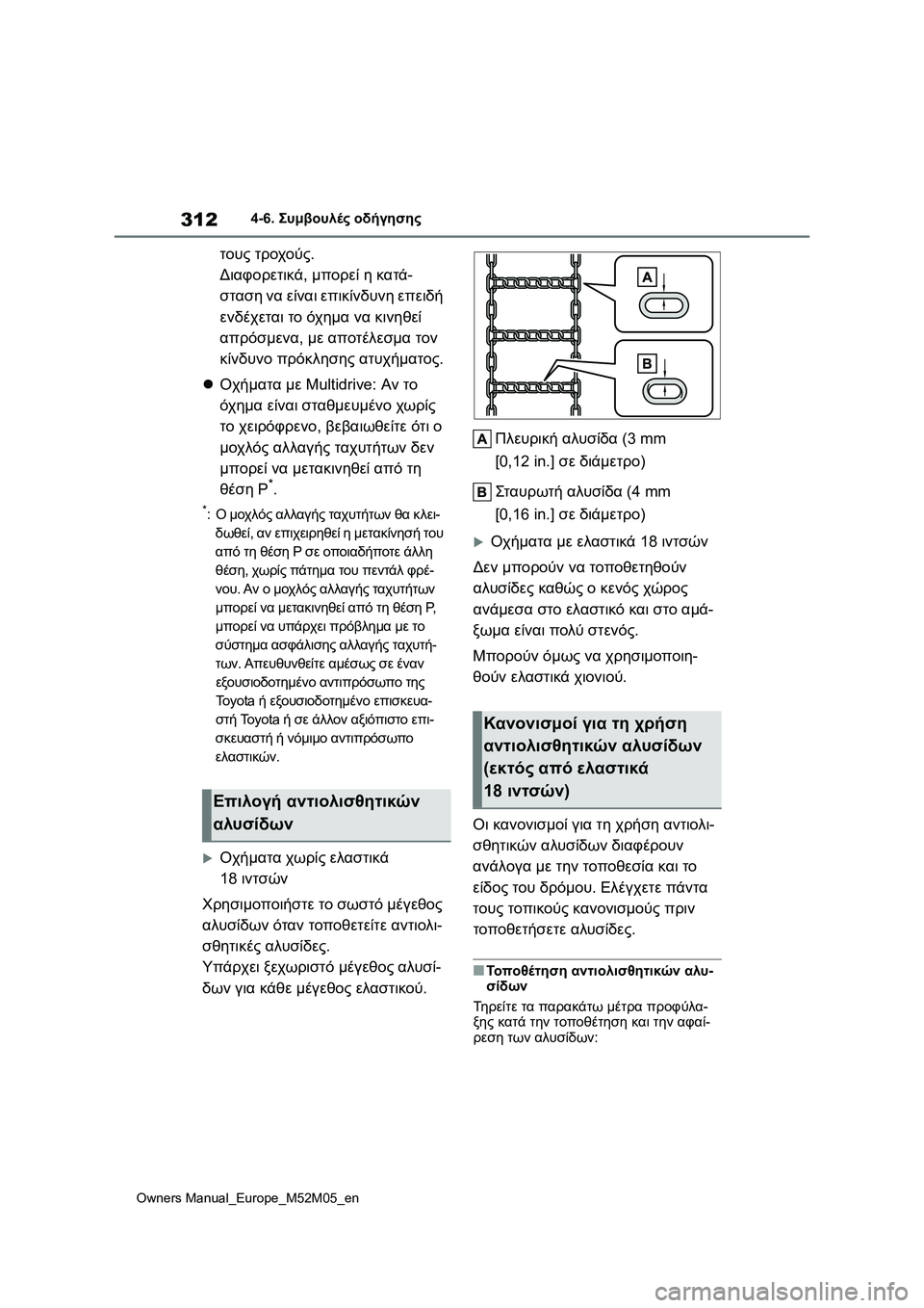 TOYOTA YARIS 2022 ΟΔΗΓΌΣ ΧΡΉΣΗΣ (in Greek) 312
Owners Manual_Europe_M52M05_en
4-6. Συμβουλές οδήγησης
τους τροχούς.
Διαφορετικά, μπορεί η κατά-
σταση να είναι επικίνδυνη TOYOTA YARIS 2022 ΟΔΗΓΌΣ ΧΡΉΣΗΣ (in Greek) 312
Owners Manual_Europe_M52M05_en
4-6. Συμβουλές οδήγησης
τους τροχούς.
Διαφορετικά, μπορεί η κατά-
σταση να είναι επικίνδυνη