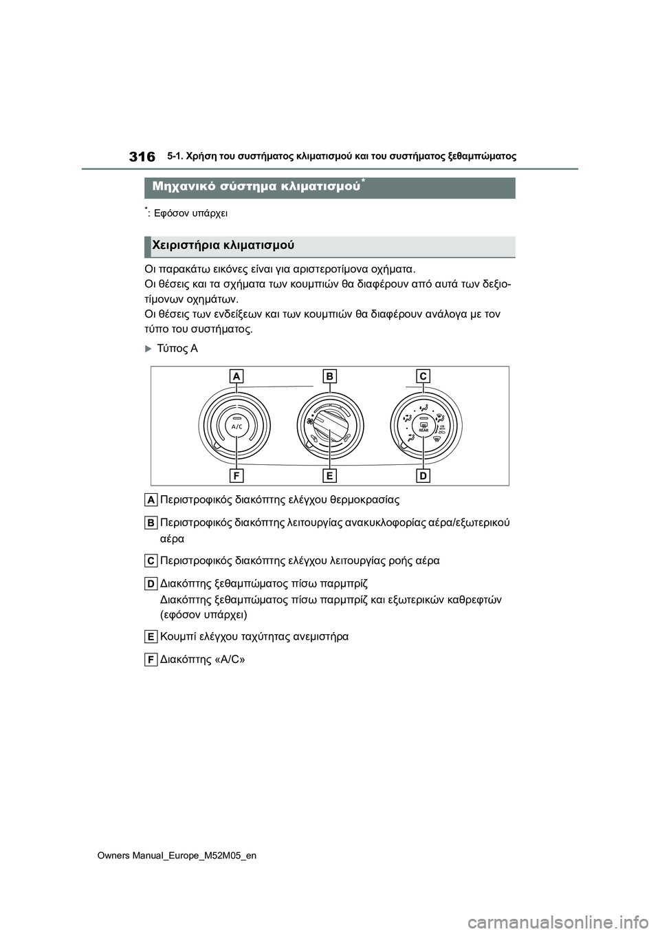 TOYOTA YARIS 2022  ΟΔΗΓΌΣ ΧΡΉΣΗΣ (in Greek) 316
Owners Manual_Europe_M52M05_en
5-1. Χρήση του συστήματος κλιματισμού και του συστήματος ξεθαμπώματος
5-1.Χρήση του συστήματ
