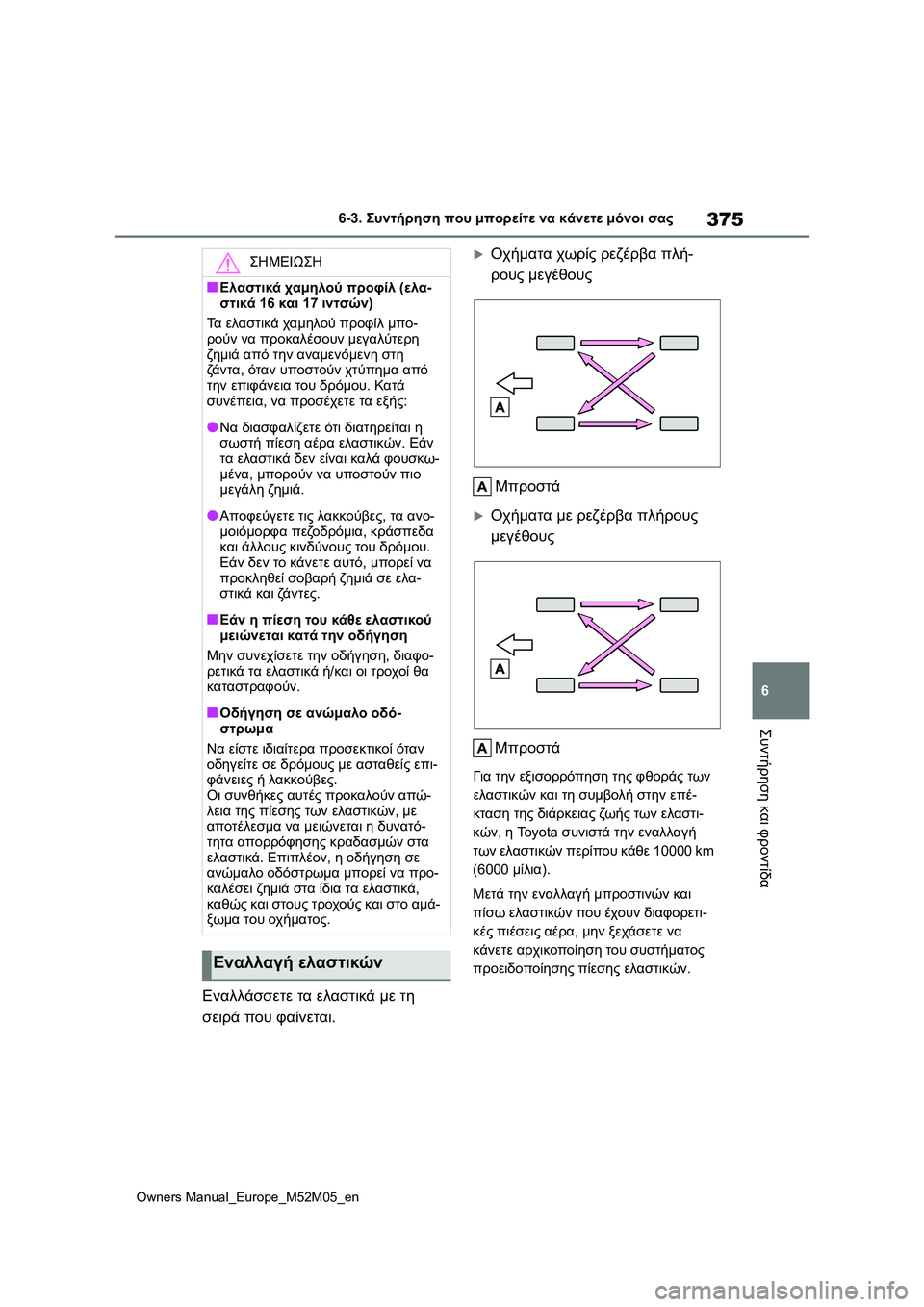 TOYOTA YARIS 2022 ΟΔΗΓΌΣ ΧΡΉΣΗΣ (in Greek) 375
6
Owners Manual_Europe_M52M05_en
6-3. Συντήρηση που μπορείτε να κάνετε μόνοι σας
Συντήρηση και φροντίδα
Εναλλάσσετε τα ελασ TOYOTA YARIS 2022 ΟΔΗΓΌΣ ΧΡΉΣΗΣ (in Greek) 375
6
Owners Manual_Europe_M52M05_en
6-3. Συντήρηση που μπορείτε να κάνετε μόνοι σας
Συντήρηση και φροντίδα
Εναλλάσσετε τα ελασ