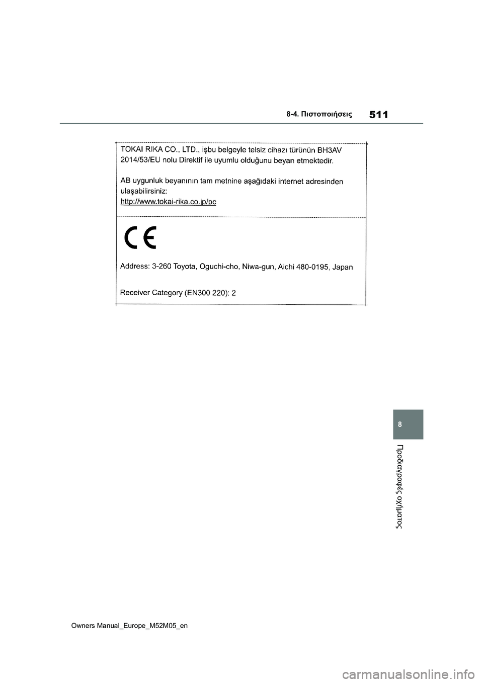 TOYOTA YARIS 2022  ΟΔΗΓΌΣ ΧΡΉΣΗΣ (in Greek) 511
8
Owners Manual_Europe_M52M05_en
8-4. Πιστοποιήσεις
Προδιαγραφές οχήματος 