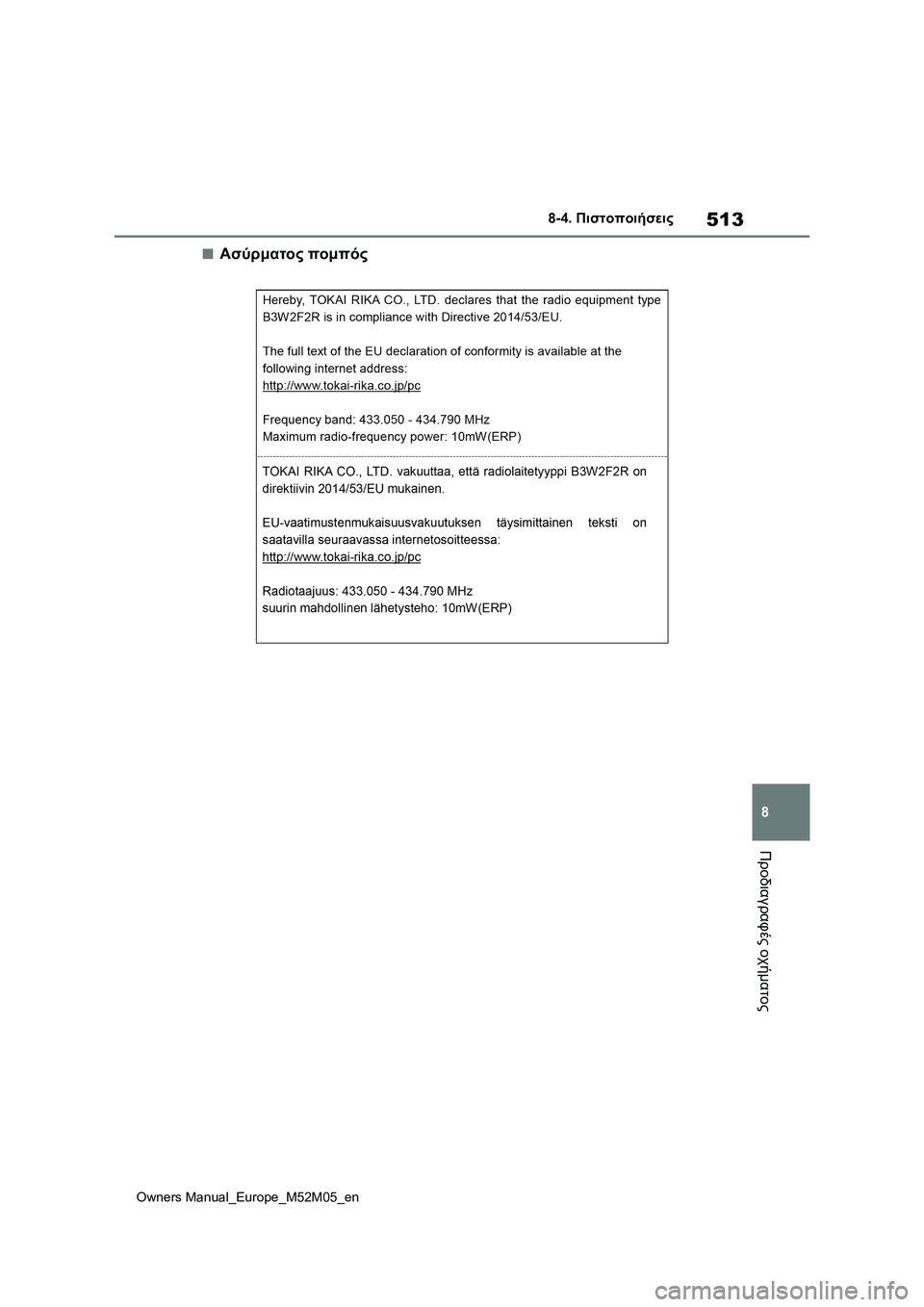 TOYOTA YARIS 2022  ΟΔΗΓΌΣ ΧΡΉΣΗΣ (in Greek) 513
8
Owners Manual_Europe_M52M05_en
8-4. Πιστοποιήσεις
Προδιαγραφές οχήματος
■Ασύρματος πομπός 