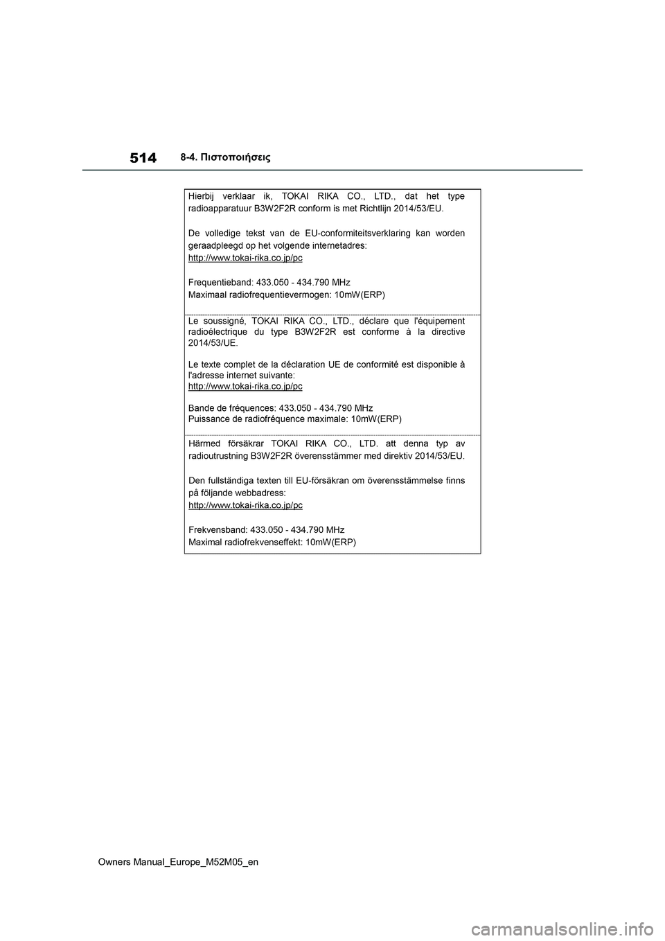 TOYOTA YARIS 2022  ΟΔΗΓΌΣ ΧΡΉΣΗΣ (in Greek) 514
Owners Manual_Europe_M52M05_en
8-4. Πιστοποιήσεις 
