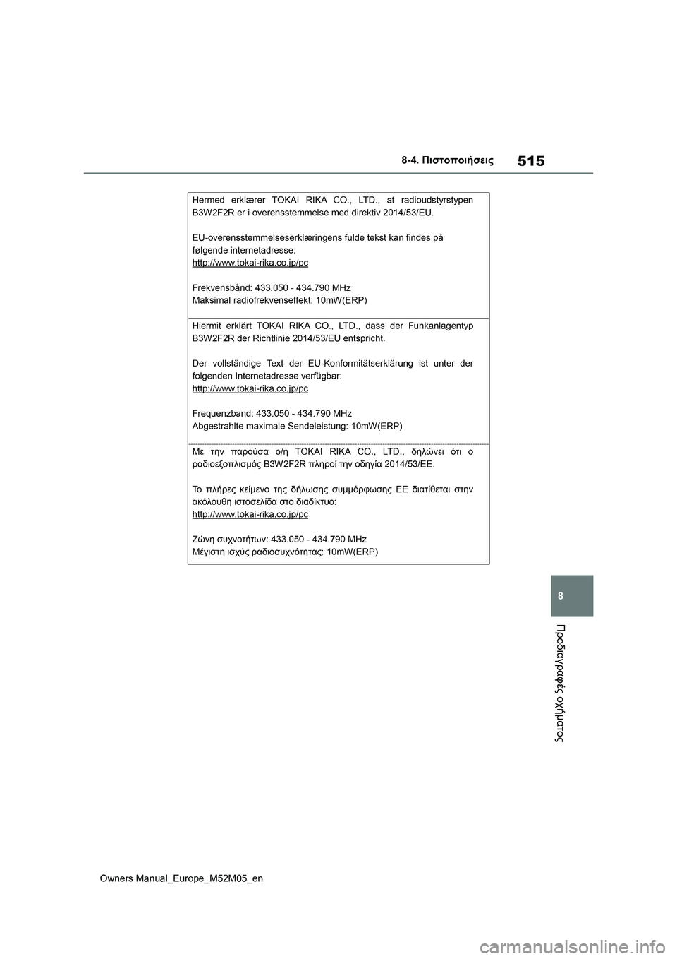 TOYOTA YARIS 2022  ΟΔΗΓΌΣ ΧΡΉΣΗΣ (in Greek) 515
8
Owners Manual_Europe_M52M05_en
8-4. Πιστοποιήσεις
Προδιαγραφές οχήματος 