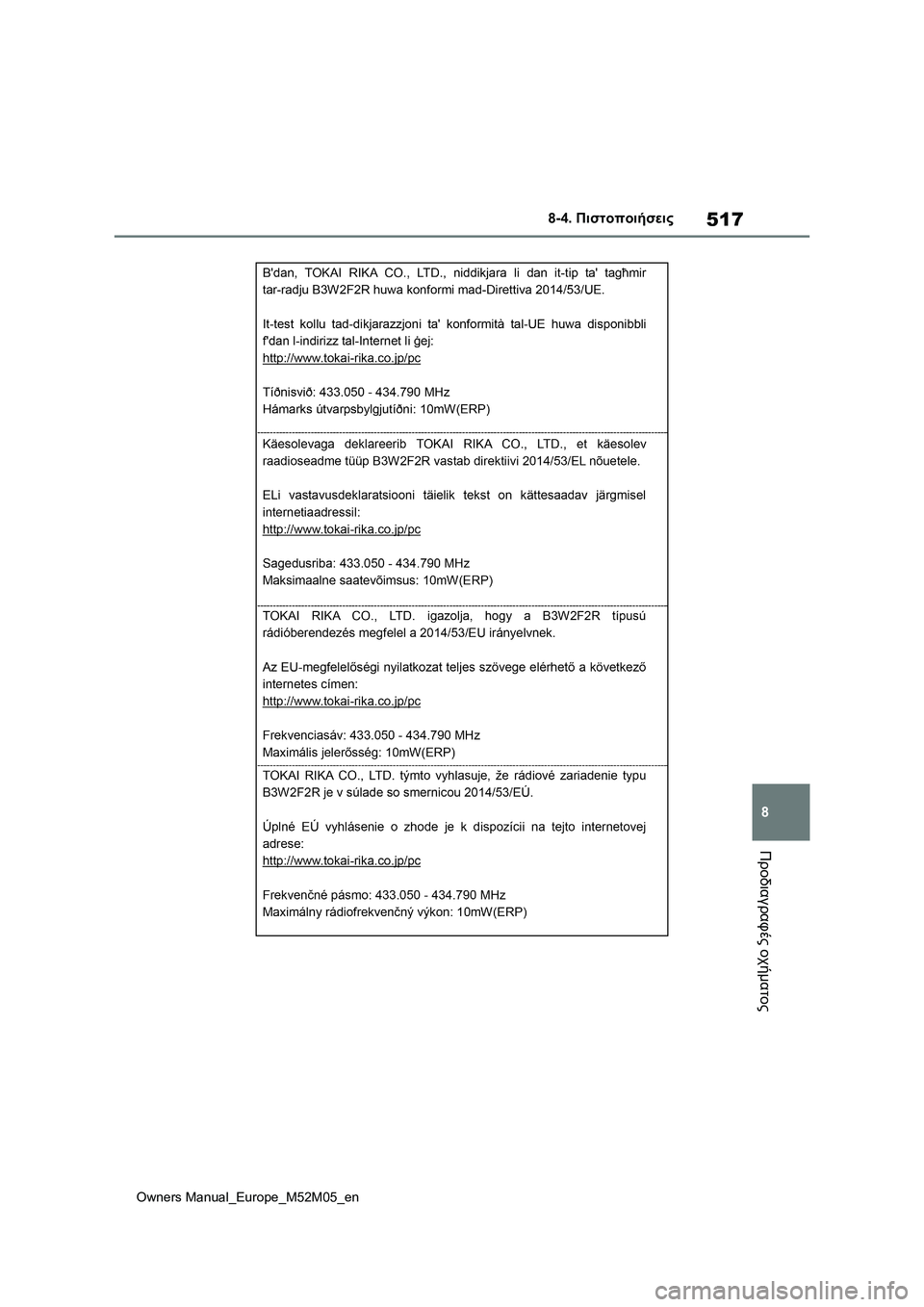 TOYOTA YARIS 2022  ΟΔΗΓΌΣ ΧΡΉΣΗΣ (in Greek) 517
8
Owners Manual_Europe_M52M05_en
8-4. Πιστοποιήσεις
Προδιαγραφές οχήματος 