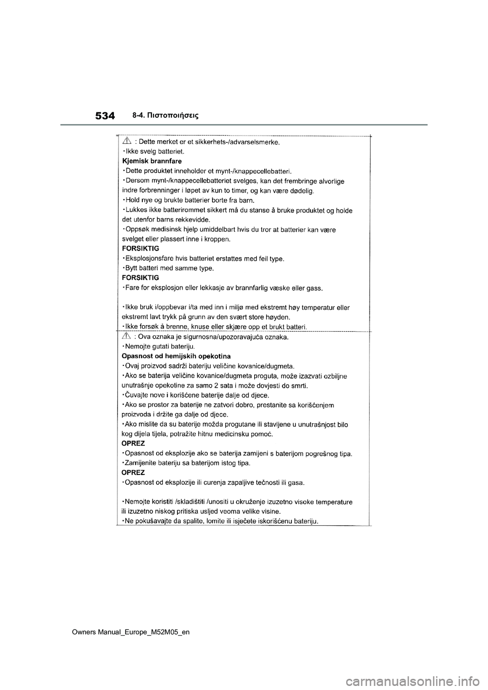TOYOTA YARIS 2022  ΟΔΗΓΌΣ ΧΡΉΣΗΣ (in Greek) 534
Owners Manual_Europe_M52M05_en
8-4. Πιστοποιήσεις 