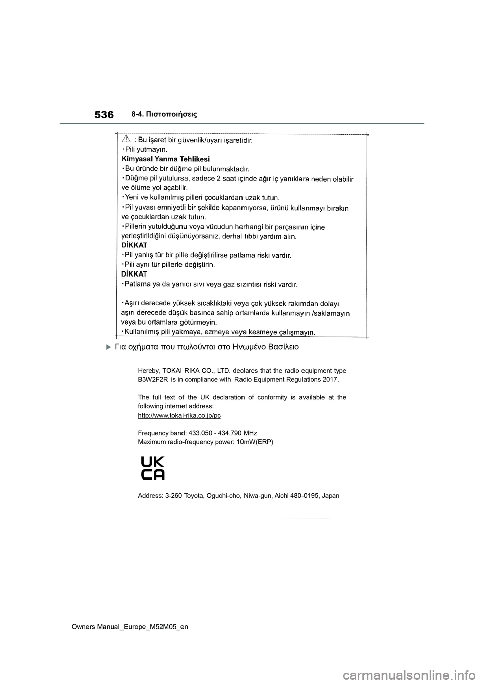 TOYOTA YARIS 2022  ΟΔΗΓΌΣ ΧΡΉΣΗΣ (in Greek) 536
Owners Manual_Europe_M52M05_en
8-4. Πιστοποιήσεις
Για οχήματα που πωλούνται στο Ηνωμένο Βασίλειο 