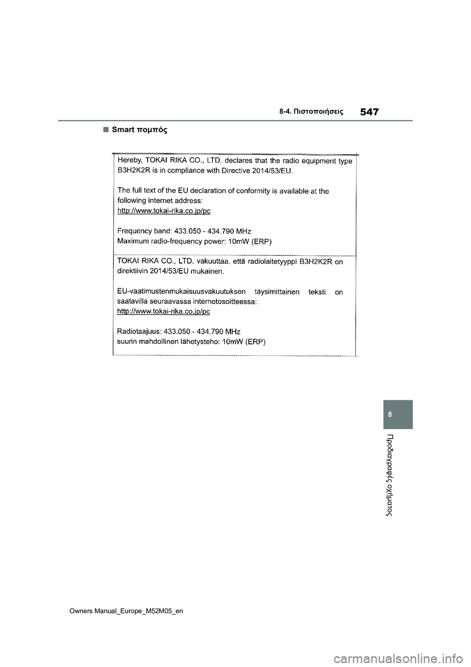 TOYOTA YARIS 2022  ΟΔΗΓΌΣ ΧΡΉΣΗΣ (in Greek) 547
8
Owners Manual_Europe_M52M05_en
8-4. Πιστοποιήσεις
Προδιαγραφές οχήματος
■Smart πομπός 