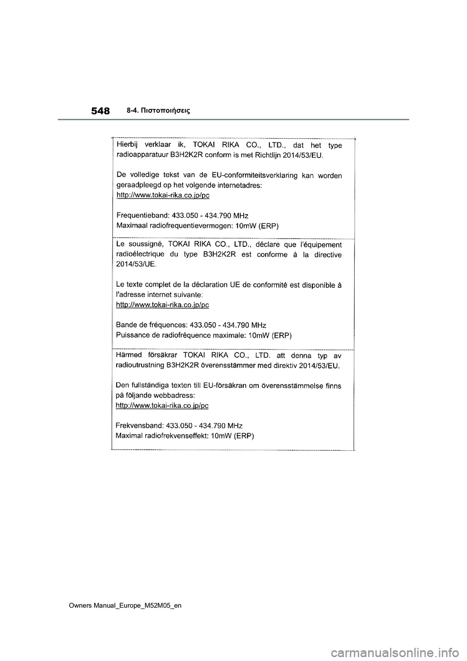 TOYOTA YARIS 2022  ΟΔΗΓΌΣ ΧΡΉΣΗΣ (in Greek) 548
Owners Manual_Europe_M52M05_en
8-4. Πιστοποιήσεις 