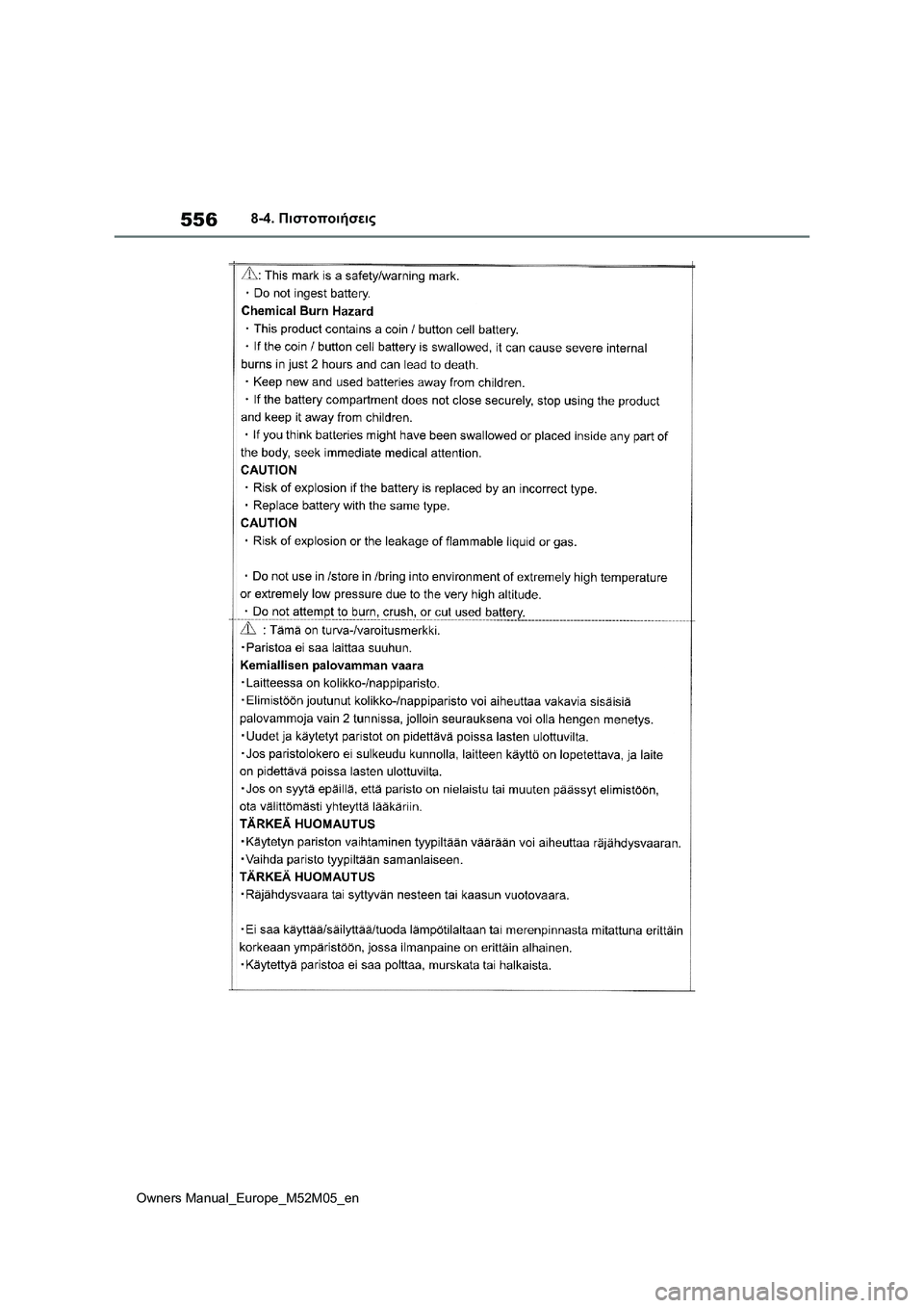 TOYOTA YARIS 2022  ΟΔΗΓΌΣ ΧΡΉΣΗΣ (in Greek) 556
Owners Manual_Europe_M52M05_en
8-4. Πιστοποιήσεις 