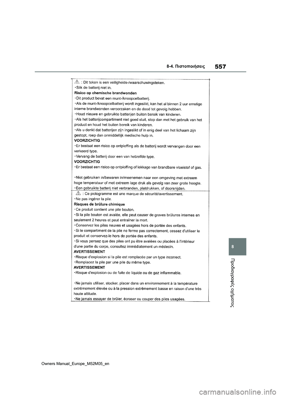 TOYOTA YARIS 2022  ΟΔΗΓΌΣ ΧΡΉΣΗΣ (in Greek) 557
8
Owners Manual_Europe_M52M05_en
8-4. Πιστοποιήσεις
Προδιαγραφές οχήματος 