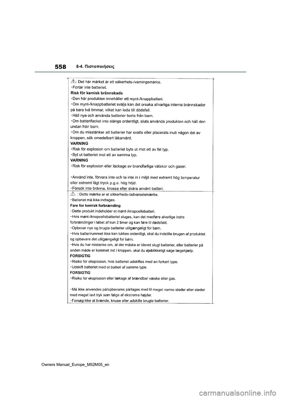TOYOTA YARIS 2022  ΟΔΗΓΌΣ ΧΡΉΣΗΣ (in Greek) 558
Owners Manual_Europe_M52M05_en
8-4. Πιστοποιήσεις 