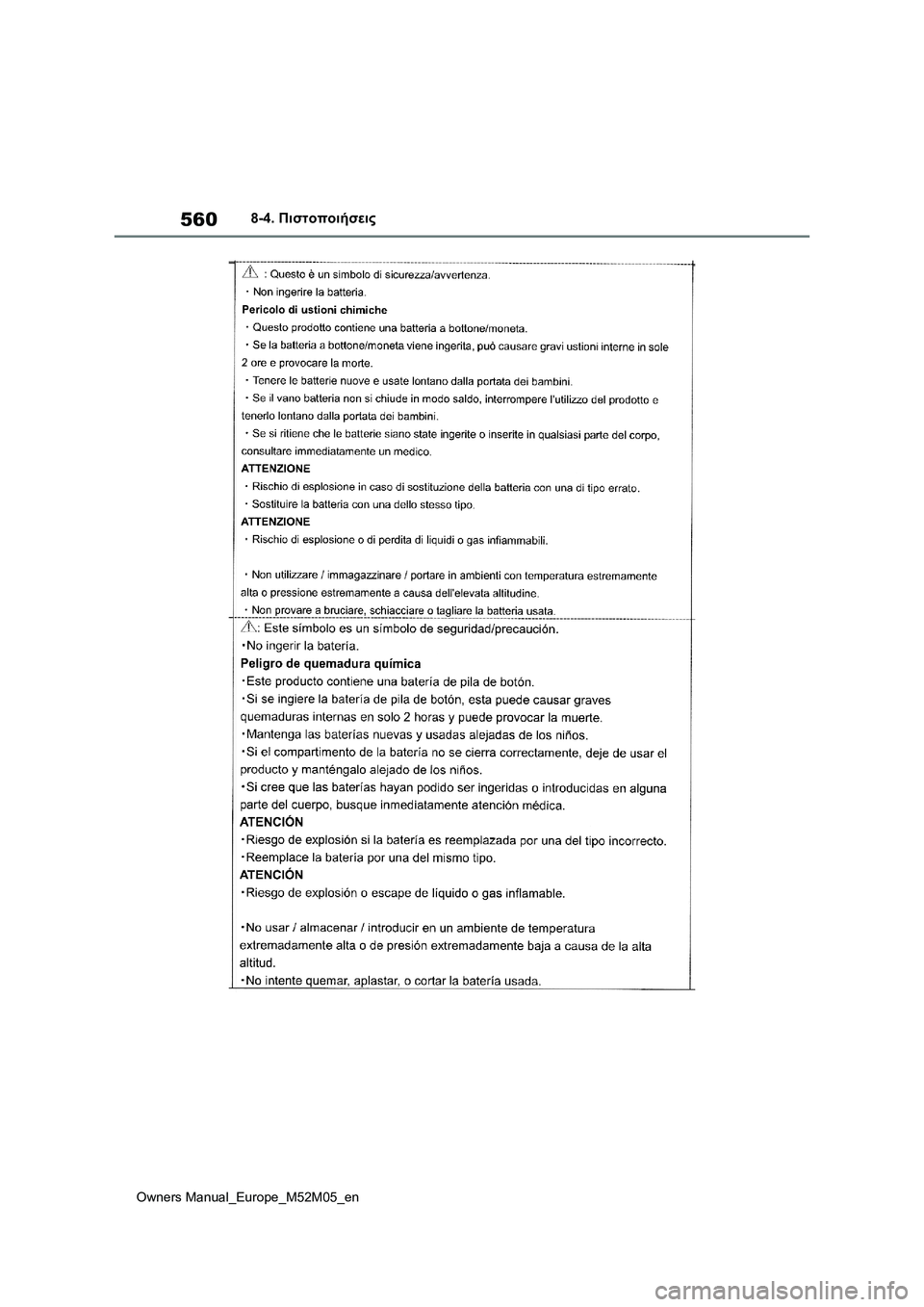 TOYOTA YARIS 2022  ΟΔΗΓΌΣ ΧΡΉΣΗΣ (in Greek) 560
Owners Manual_Europe_M52M05_en
8-4. Πιστοποιήσεις 