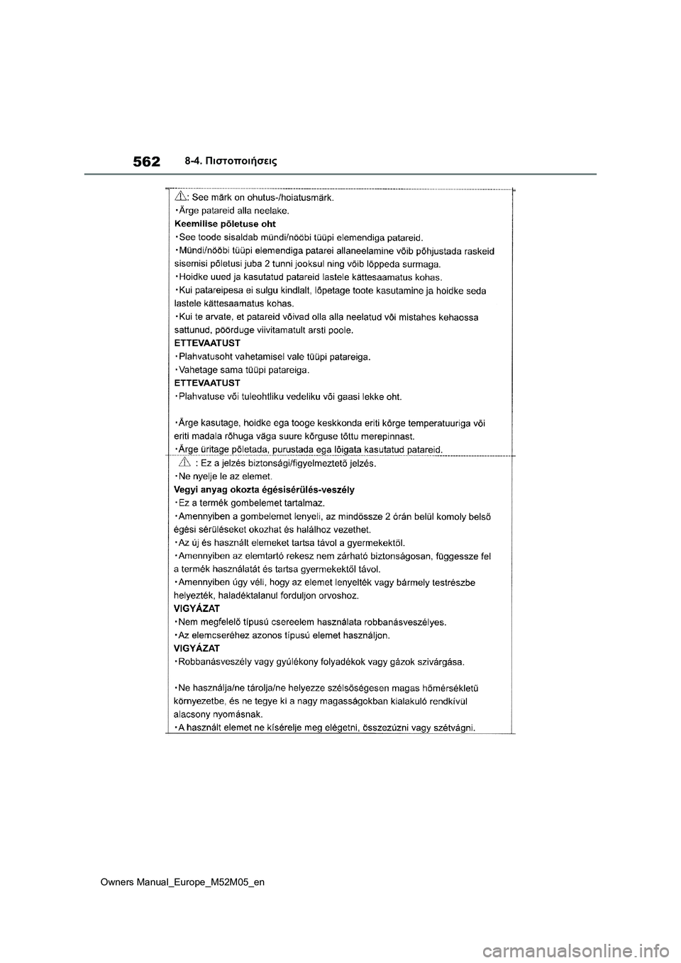 TOYOTA YARIS 2022  ΟΔΗΓΌΣ ΧΡΉΣΗΣ (in Greek) 562
Owners Manual_Europe_M52M05_en
8-4. Πιστοποιήσεις 