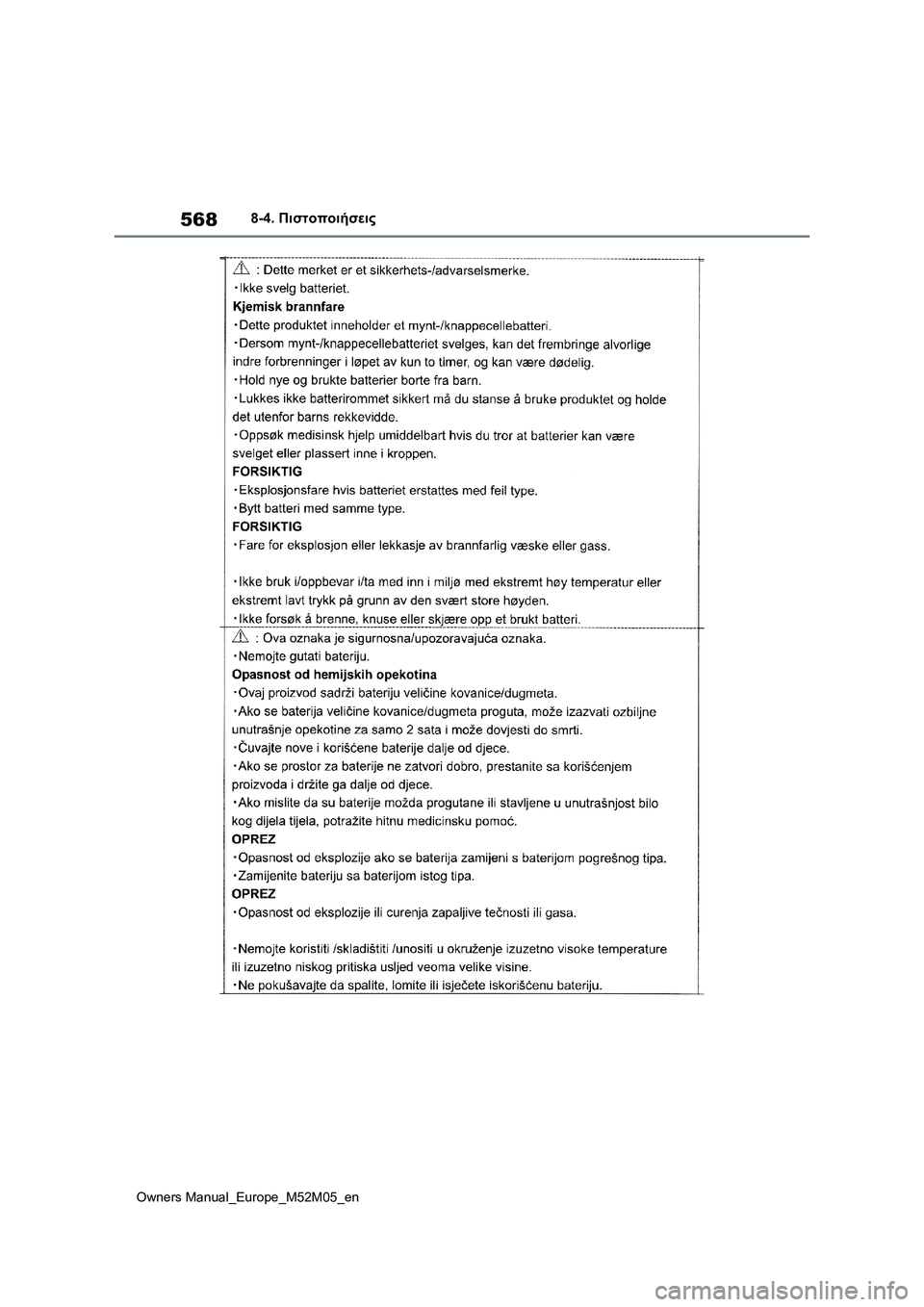TOYOTA YARIS 2022  ΟΔΗΓΌΣ ΧΡΉΣΗΣ (in Greek) 568
Owners Manual_Europe_M52M05_en
8-4. Πιστοποιήσεις 