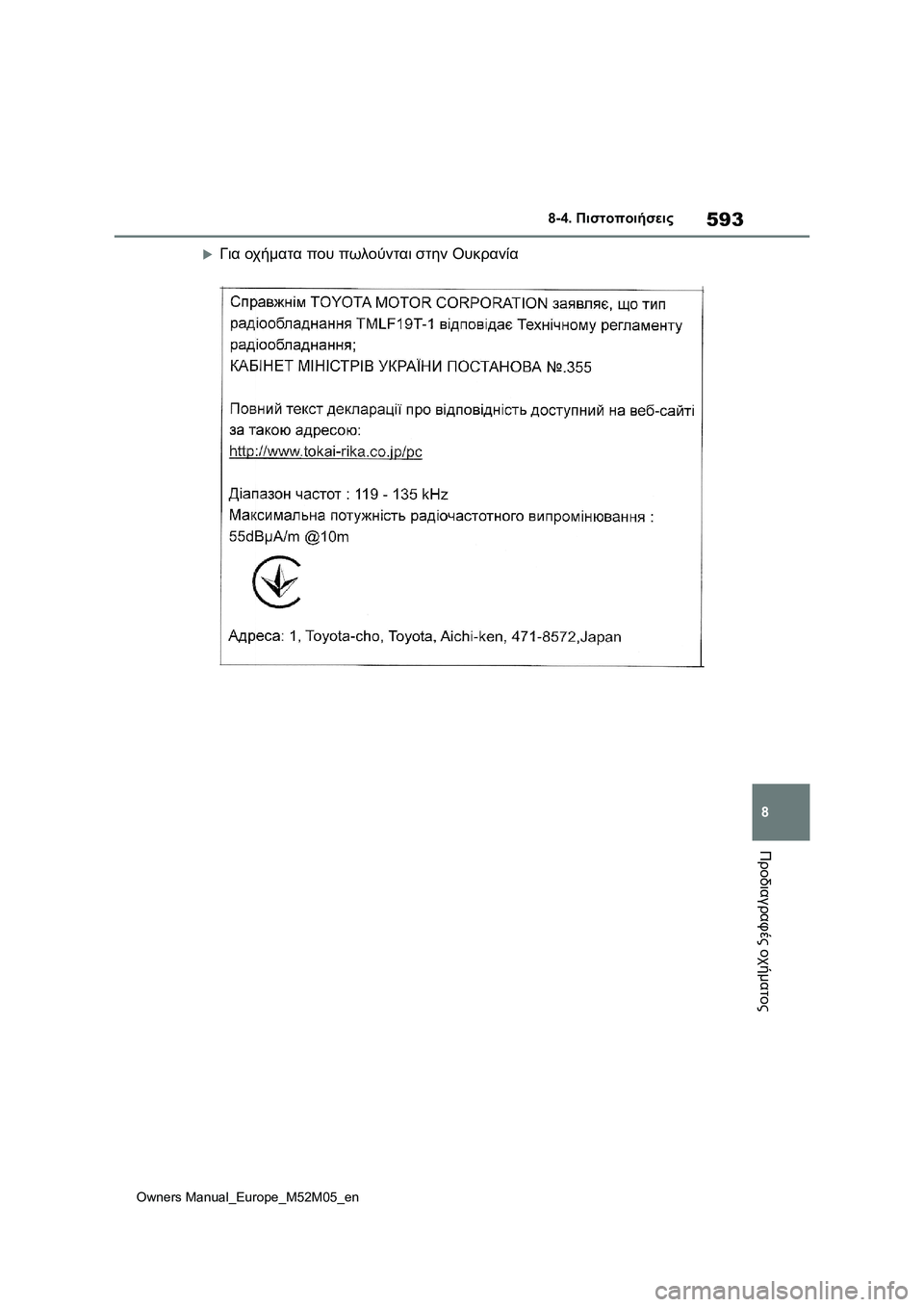 TOYOTA YARIS 2022  ΟΔΗΓΌΣ ΧΡΉΣΗΣ (in Greek) 593
8
Owners Manual_Europe_M52M05_en
8-4. Πιστοποιήσεις
Προδιαγραφές οχήματος
Για οχήματα που πωλούνται στην Ουκρανία 
