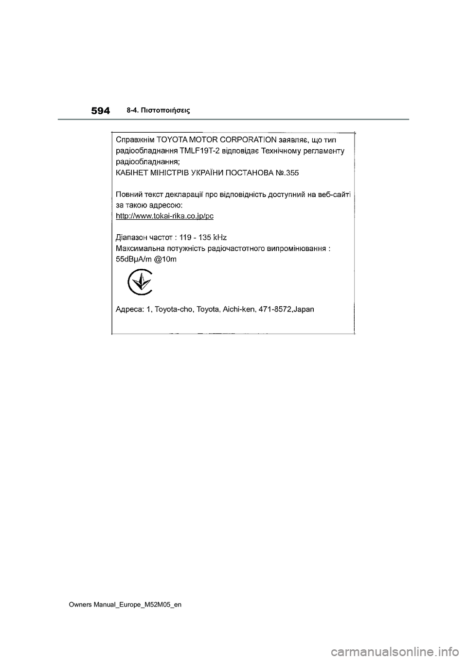 TOYOTA YARIS 2022  ΟΔΗΓΌΣ ΧΡΉΣΗΣ (in Greek) 594
Owners Manual_Europe_M52M05_en
8-4. Πιστοποιήσεις 