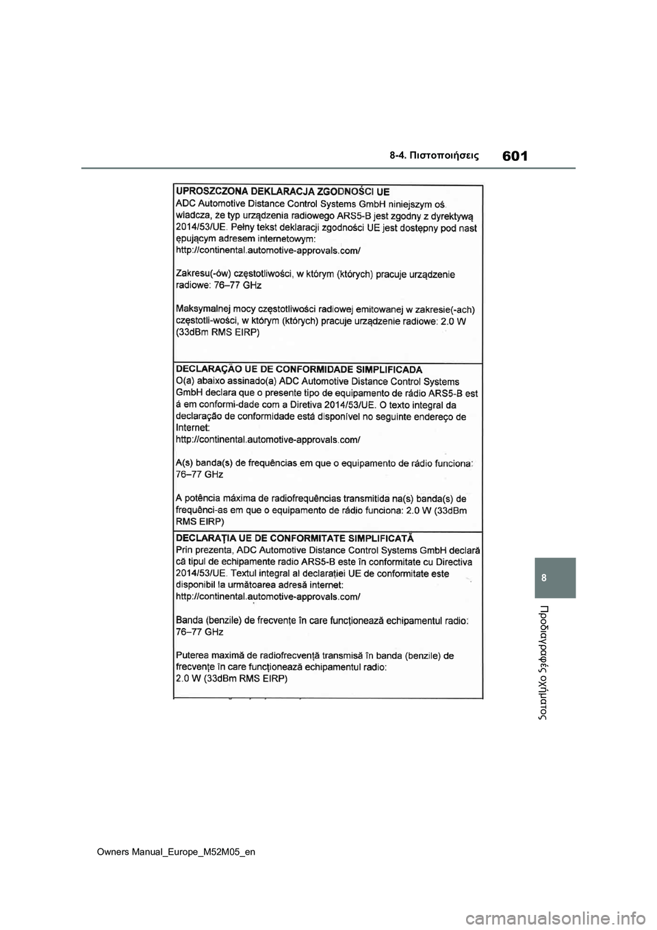 TOYOTA YARIS 2022  ΟΔΗΓΌΣ ΧΡΉΣΗΣ (in Greek) 601
8
Owners Manual_Europe_M52M05_en
8-4. Πιστοποιήσεις
Προδιαγραφές οχήματος 