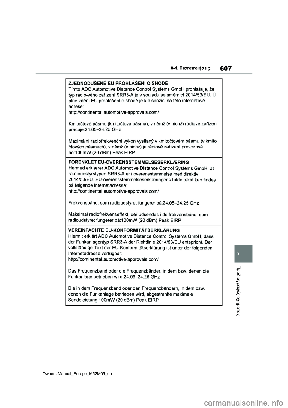 TOYOTA YARIS 2022  ΟΔΗΓΌΣ ΧΡΉΣΗΣ (in Greek) 607
8
Owners Manual_Europe_M52M05_en
8-4. Πιστοποιήσεις
Προδιαγραφές οχήματος 