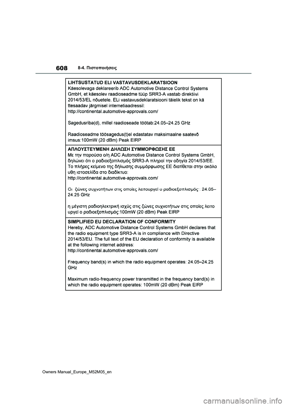 TOYOTA YARIS 2022  ΟΔΗΓΌΣ ΧΡΉΣΗΣ (in Greek) 608
Owners Manual_Europe_M52M05_en
8-4. Πιστοποιήσεις 