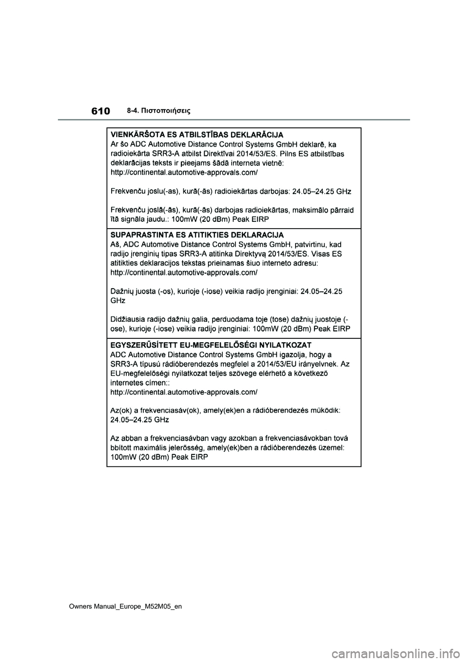 TOYOTA YARIS 2022  ΟΔΗΓΌΣ ΧΡΉΣΗΣ (in Greek) 610
Owners Manual_Europe_M52M05_en
8-4. Πιστοποιήσεις 