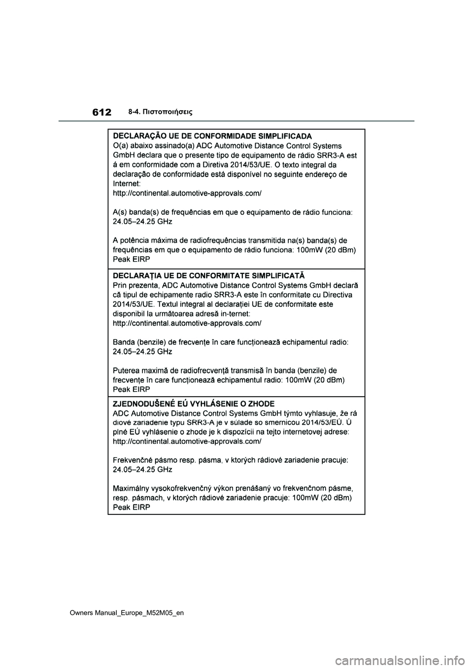 TOYOTA YARIS 2022  ΟΔΗΓΌΣ ΧΡΉΣΗΣ (in Greek) 612
Owners Manual_Europe_M52M05_en
8-4. Πιστοποιήσεις 