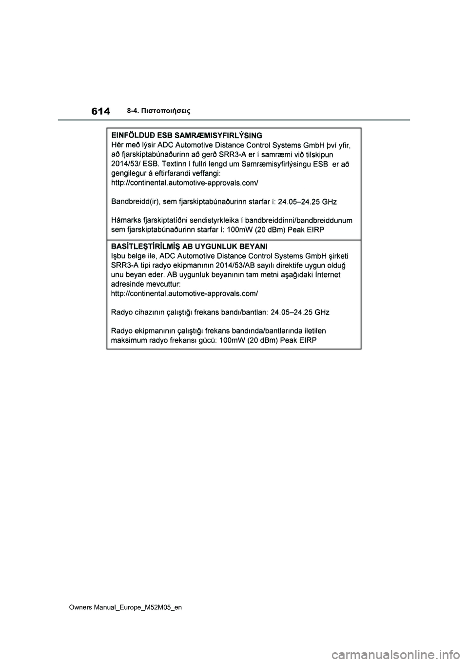 TOYOTA YARIS 2022  ΟΔΗΓΌΣ ΧΡΉΣΗΣ (in Greek) 614
Owners Manual_Europe_M52M05_en
8-4. Πιστοποιήσεις 