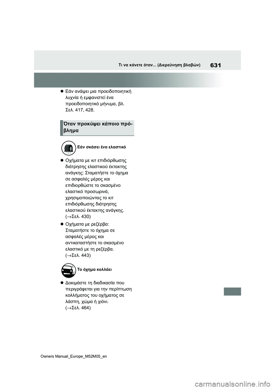 TOYOTA YARIS 2022  ΟΔΗΓΌΣ ΧΡΉΣΗΣ (in Greek) 631
Owners Manual_Europe_M52M05_en
Τι να κάνετε όταν... (Διερεύνηση βλαβών)
Εάν ανάψει μια προειδοποιητική 
λυχνία ή εμφανιστ