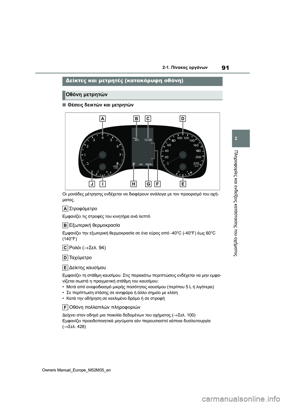 TOYOTA YARIS 2022  ΟΔΗΓΌΣ ΧΡΉΣΗΣ (in Greek) 91
2
Owners Manual_Europe_M52M05_en
2-1. Πίνακας οργάνων
Πληροφορίες και ενδείξεις κατάστασης του οχήματος
■Θέσεις δεικτών κα