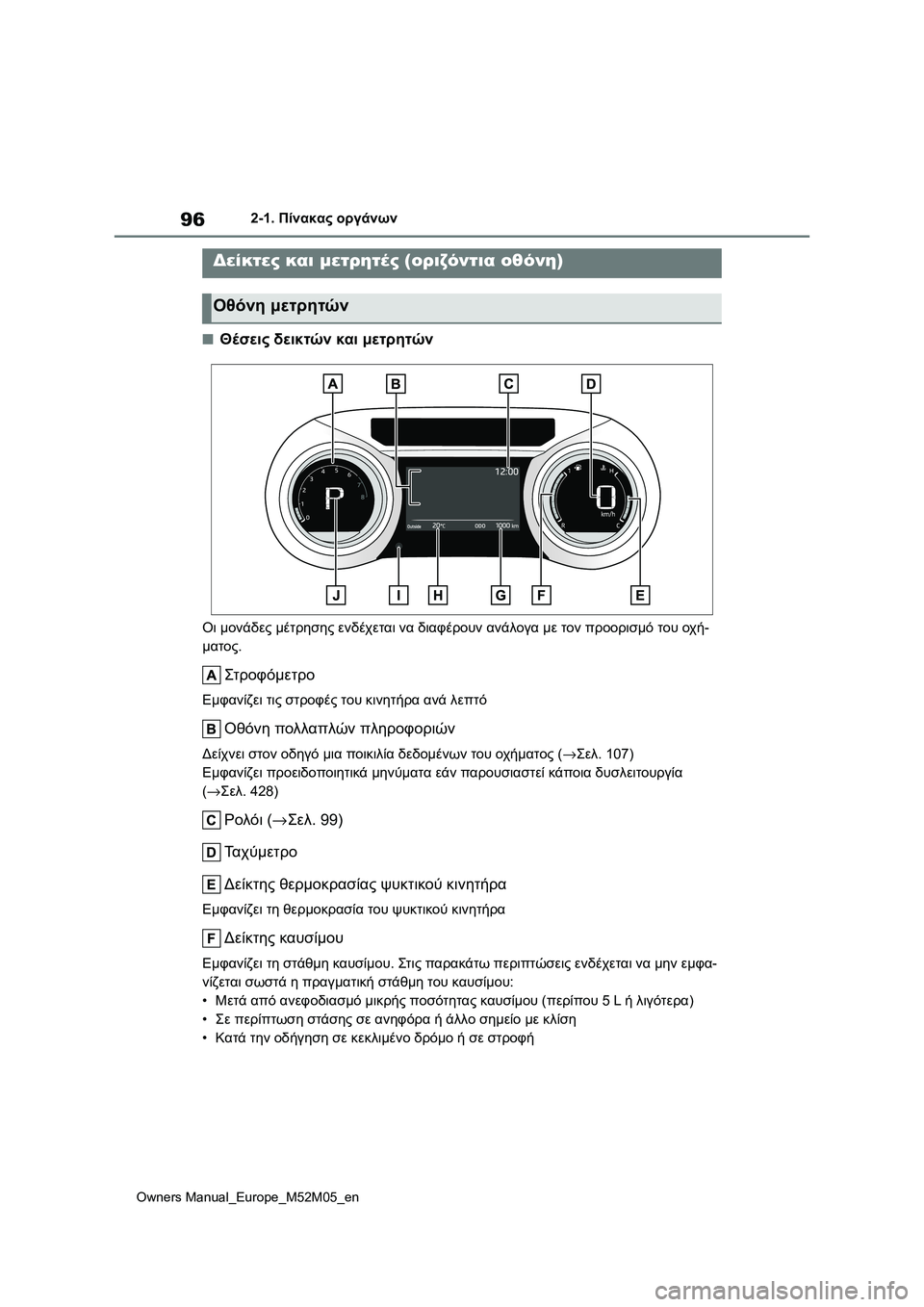 TOYOTA YARIS 2022  ΟΔΗΓΌΣ ΧΡΉΣΗΣ (in Greek) 96
Owners Manual_Europe_M52M05_en
2-1. Πίνακας οργάνων
■Θέσεις δεικτών και μετρητών
Οι μονάδες μέτρησης ενδέχεται να διαφέρο