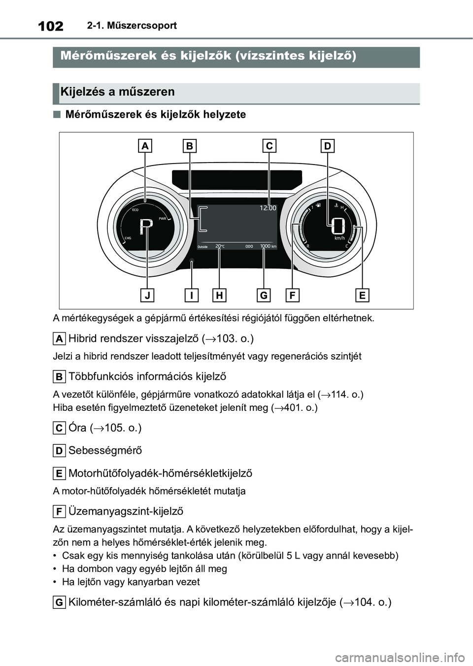 TOYOTA YARIS 2022  Kezelési útmutató (in Hungarian) 1022-1. Műszercsoport
nMérőműszerek és kijelzők helyzete
A mértékegységek a gépjármű értékesítési régiójától függően eltérhetnek.
Hibrid rendszer visszajelző (103. o.)
Jelzi