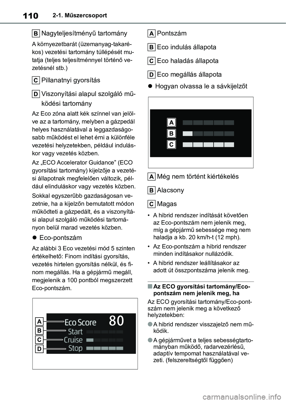 TOYOTA YARIS 2022  Kezelési útmutató (in Hungarian) 1102-1. Műszercsoport
Nagyteljesítményű tartomány
A környezetbarát (üzemanyag-takaré-
kos) vezetési tartomány túllépését mu-
tatja (teljes teljesítménnyel történő ve-
zetésnél st