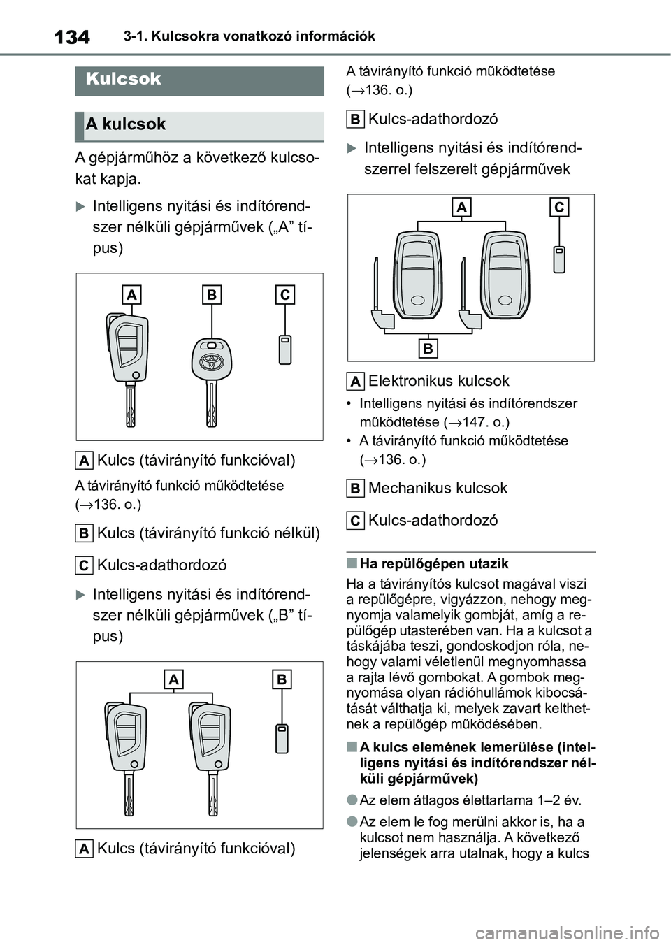 TOYOTA YARIS 2022 Kezelési útmutató (in Hungarian) 1343-1. Kulcsokra vonatkozó információk
3-1.Kulcsokra vonatkozó információk
A gépjárműhöz a következő kulcso-
kat kapja.
Intelligens nyitási és indítórend-
szer nélküli gépjárm TOYOTA YARIS 2022 Kezelési útmutató (in Hungarian) 1343-1. Kulcsokra vonatkozó információk
3-1.Kulcsokra vonatkozó információk
A gépjárműhöz a következő kulcso-
kat kapja.
Intelligens nyitási és indítórend-
szer nélküli gépjárm