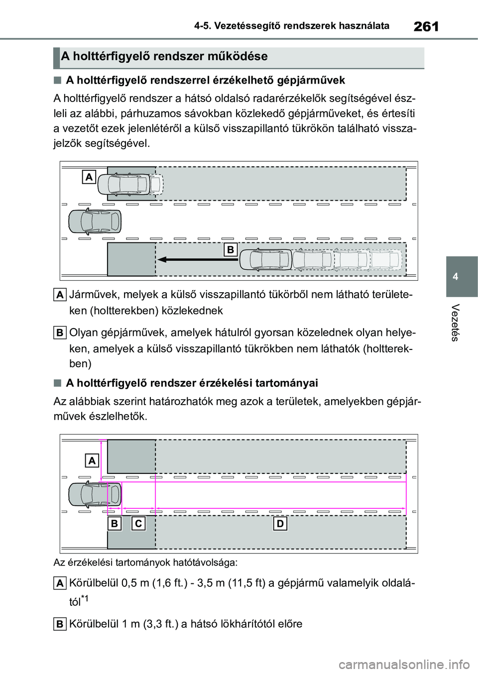 TOYOTA YARIS 2022  Kezelési útmutató (in Hungarian) 261
4
4-5. Vezetéssegítő re
ndszerek használata
Vezetés
nA holttérfigyelő rendszerrel érzékelhető gépjárművek
A holttérfigyelő rendszer a hátsó oldalsó radarérzékelők segíts ég