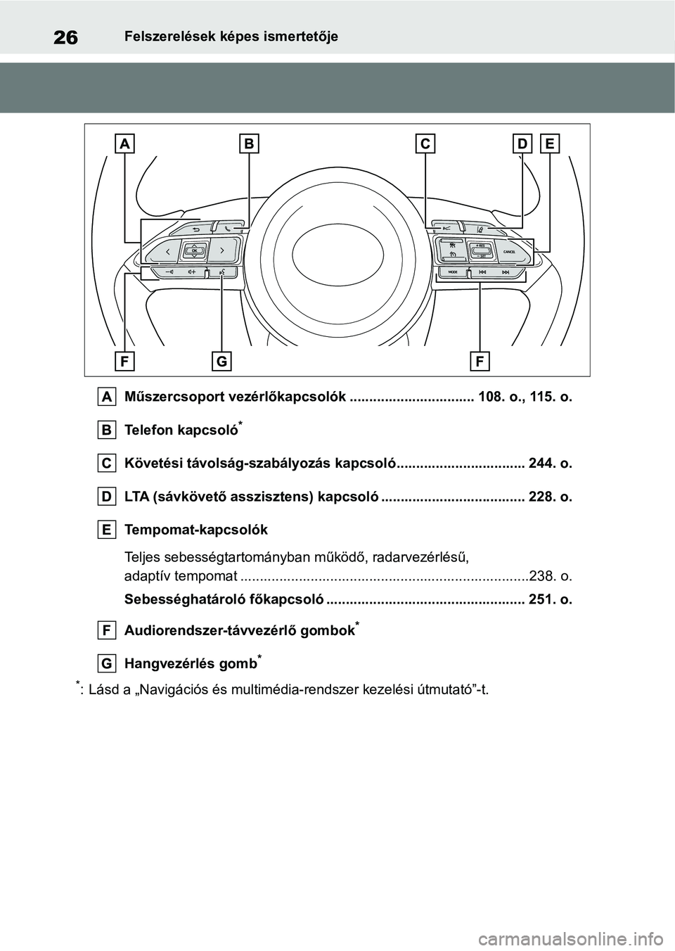 TOYOTA YARIS 2022  Kezelési útmutató (in Hungarian) 26Felszerelések képes ismertetője
Műszercsoport vezérlőkapcsolók ................................ 108. o., 115. o.
Te l e f o n   k a p c s o l ó
*
Követési távolság-szabályozás  kapcsol