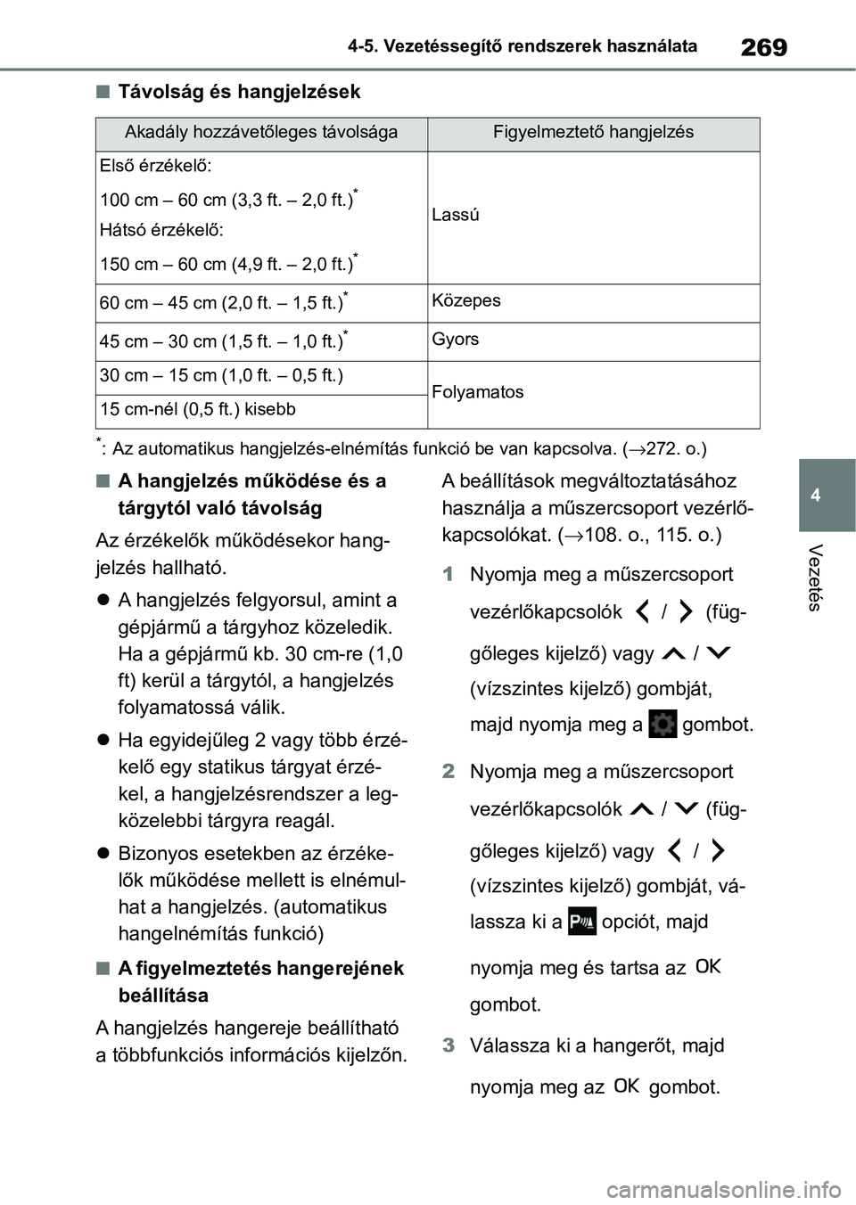TOYOTA YARIS 2022 Kezelési útmutató (in Hungarian) 269
4
4-5. Vezetéssegítő re
ndszerek használata
Vezetés
nTávolság és hangjelzések
*: Az automatikus hangjelzés-elnémí tás funkció be van kapcsolva. (272. o.)
nA hangjelzés működés TOYOTA YARIS 2022 Kezelési útmutató (in Hungarian) 269
4
4-5. Vezetéssegítő re
ndszerek használata
Vezetés
nTávolság és hangjelzések
*: Az automatikus hangjelzés-elnémí tás funkció be van kapcsolva. (272. o.)
nA hangjelzés működés