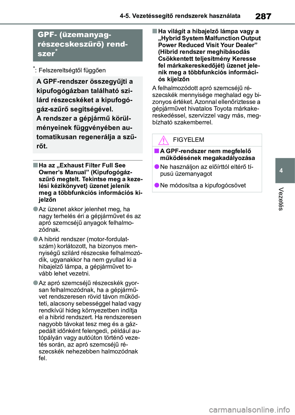 TOYOTA YARIS 2022 Kezelési útmutató (in Hungarian) 287
4
4-5. Vezetéssegítő re
ndszerek használata
Vezetés
*: Felszereltségtől függően
nHa az „Exhaust Filter Full See
Owner’s Manual” (Kipufogógáz-
szűrő megtelt. Tekintse meg a keze TOYOTA YARIS 2022 Kezelési útmutató (in Hungarian) 287
4
4-5. Vezetéssegítő re
ndszerek használata
Vezetés
*: Felszereltségtől függően
nHa az „Exhaust Filter Full See
Owner’s Manual” (Kipufogógáz-
szűrő megtelt. Tekintse meg a keze