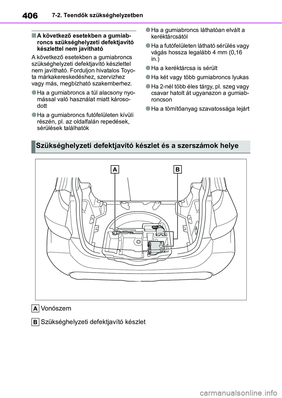 TOYOTA YARIS 2022  Kezelési útmutató (in Hungarian) 4067-2. Teendők szükséghelyzetben
nA következő esetekben a gumiab-
roncs szükséghelyzeti defektjavító 
készlettel nem javítható
A következő esetekben a gumiabroncs 
szükséghelyzeti def