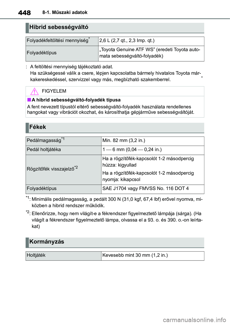 TOYOTA YARIS 2022 Kezelési útmutató (in Hungarian) 4488-1. Műszaki adatok
: A feltöltési mennyis ég tájékoztató adat.
Ha szükségessé válik a csere, lépjen kapcsolatba bármely hivata los Toyota már-
kakereskedéssel, szerv izzel vagy má TOYOTA YARIS 2022 Kezelési útmutató (in Hungarian) 4488-1. Műszaki adatok
: A feltöltési mennyis ég tájékoztató adat.
Ha szükségessé válik a csere, lépjen kapcsolatba bármely hivata los Toyota már-
kakereskedéssel, szerv izzel vagy má