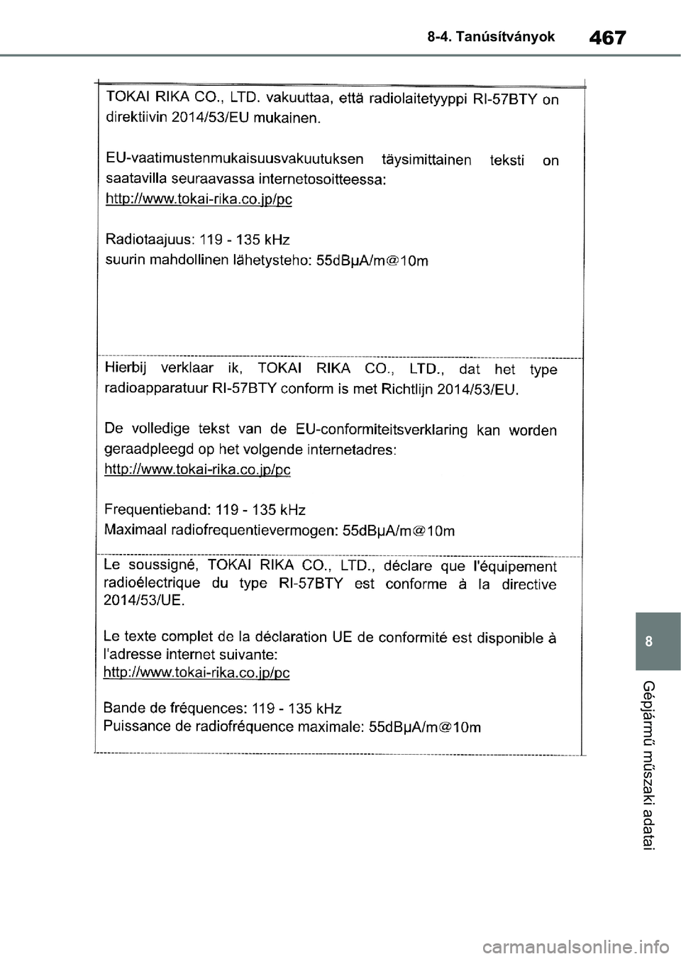 TOYOTA YARIS 2022  Kezelési útmutató (in Hungarian) 467
8
8-4. Tanúsítványok
Gépjármű műszaki adatai 