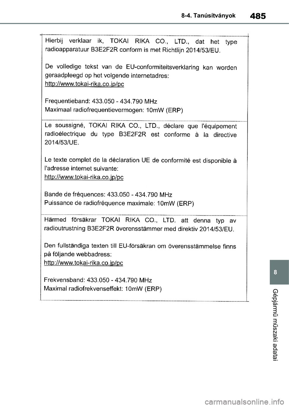TOYOTA YARIS 2022  Kezelési útmutató (in Hungarian) 485
8
8-4. Tanúsítványok
Gépjármű műszaki adatai 