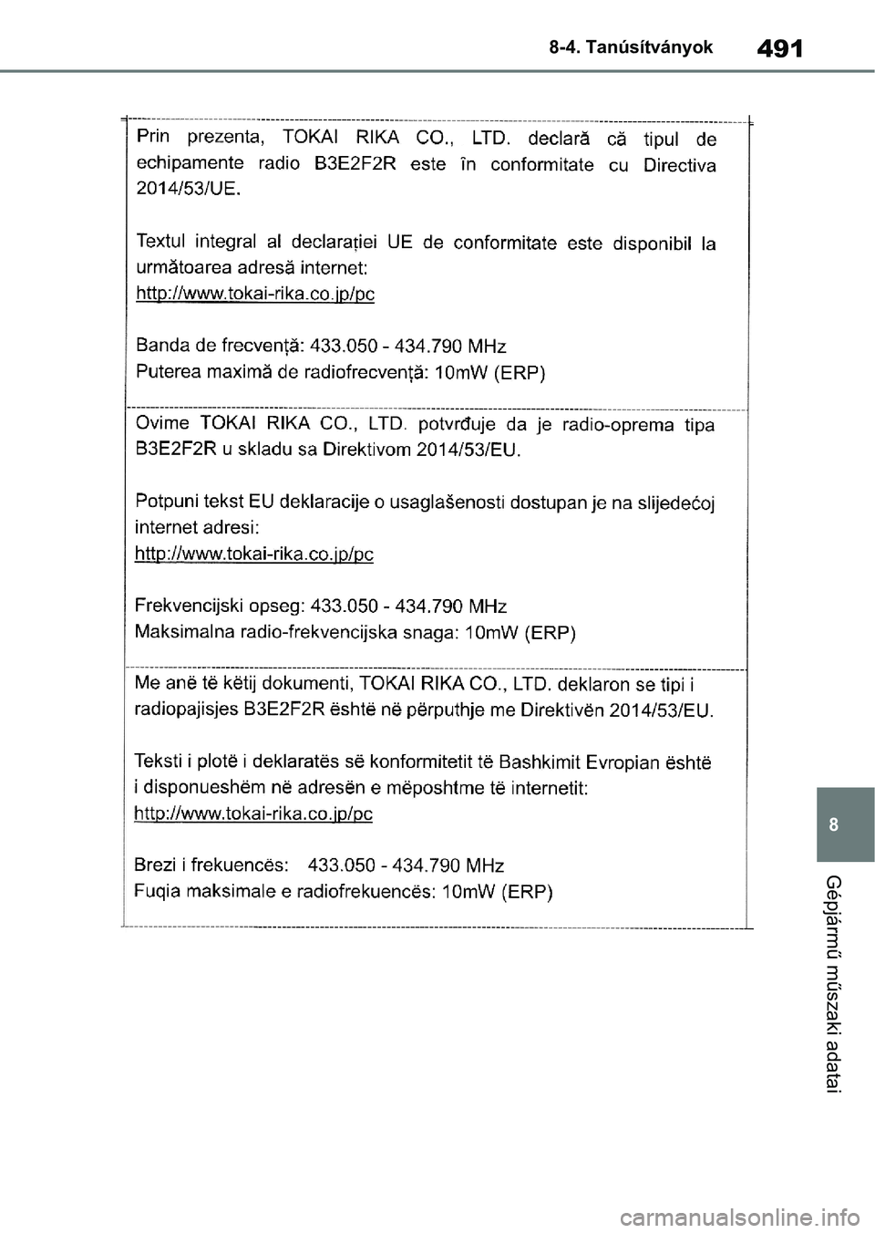 TOYOTA YARIS 2022  Kezelési útmutató (in Hungarian) 491
8
8-4. Tanúsítványok
Gépjármű műszaki adatai 