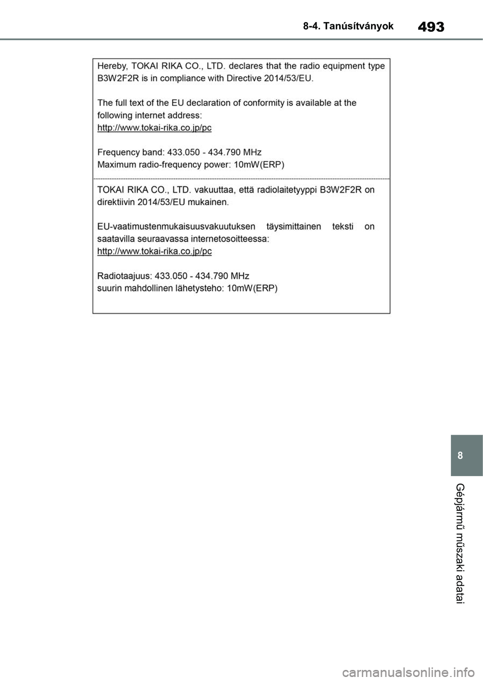 TOYOTA YARIS 2022  Kezelési útmutató (in Hungarian) 493
8
8-4. Tanúsítványok
Gépjármű műszaki adatai 