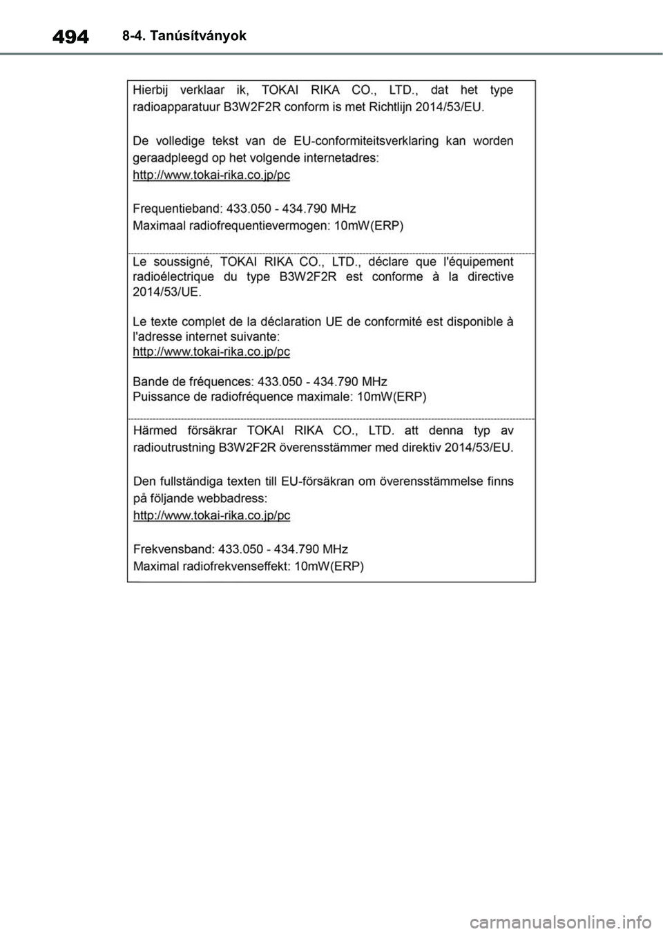 TOYOTA YARIS 2022  Kezelési útmutató (in Hungarian) 4948-4. Tanúsítványok 