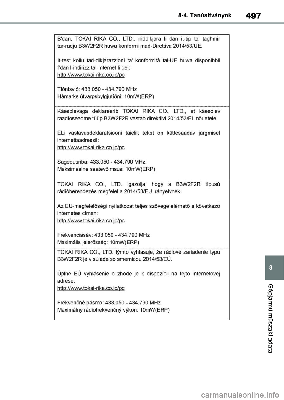TOYOTA YARIS 2022  Kezelési útmutató (in Hungarian) 497
8
8-4. Tanúsítványok
Gépjármű műszaki adatai 