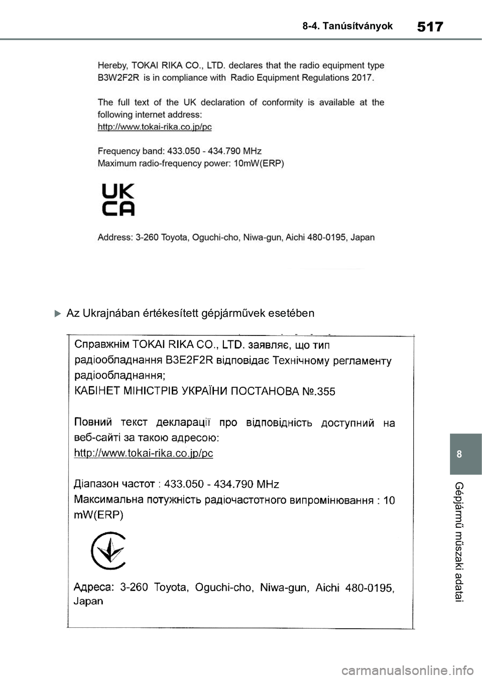 TOYOTA YARIS 2022  Kezelési útmutató (in Hungarian) 517
8
8-4. Tanúsítványok
Gépjármű műszaki adatai
Az Ukrajnában értékesíte
tt gépjárművek esetében 