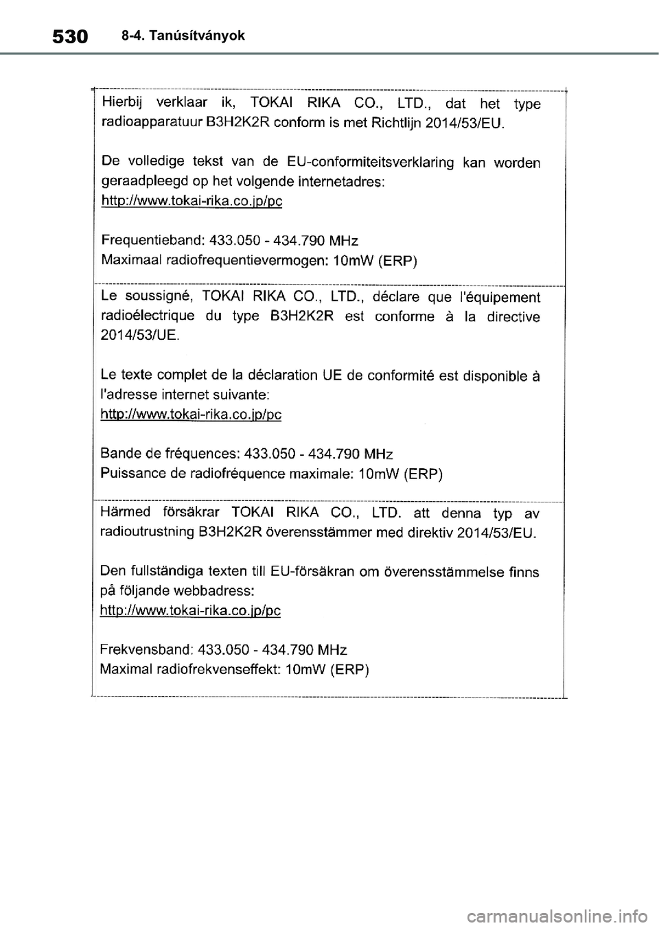 TOYOTA YARIS 2022  Kezelési útmutató (in Hungarian) 5308-4. Tanúsítványok 