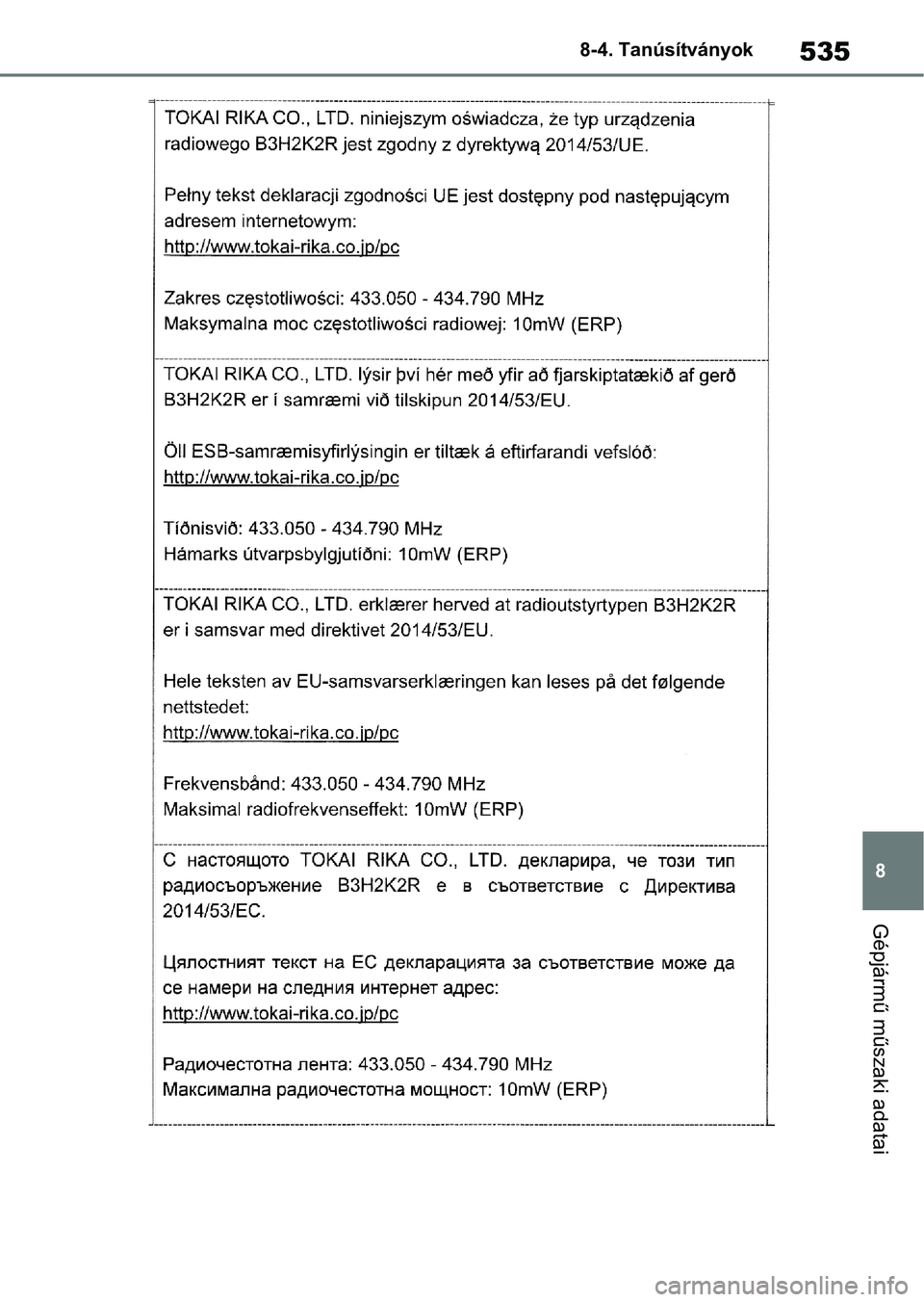TOYOTA YARIS 2022  Kezelési útmutató (in Hungarian) 535
8
8-4. Tanúsítványok
Gépjármű műszaki adatai 