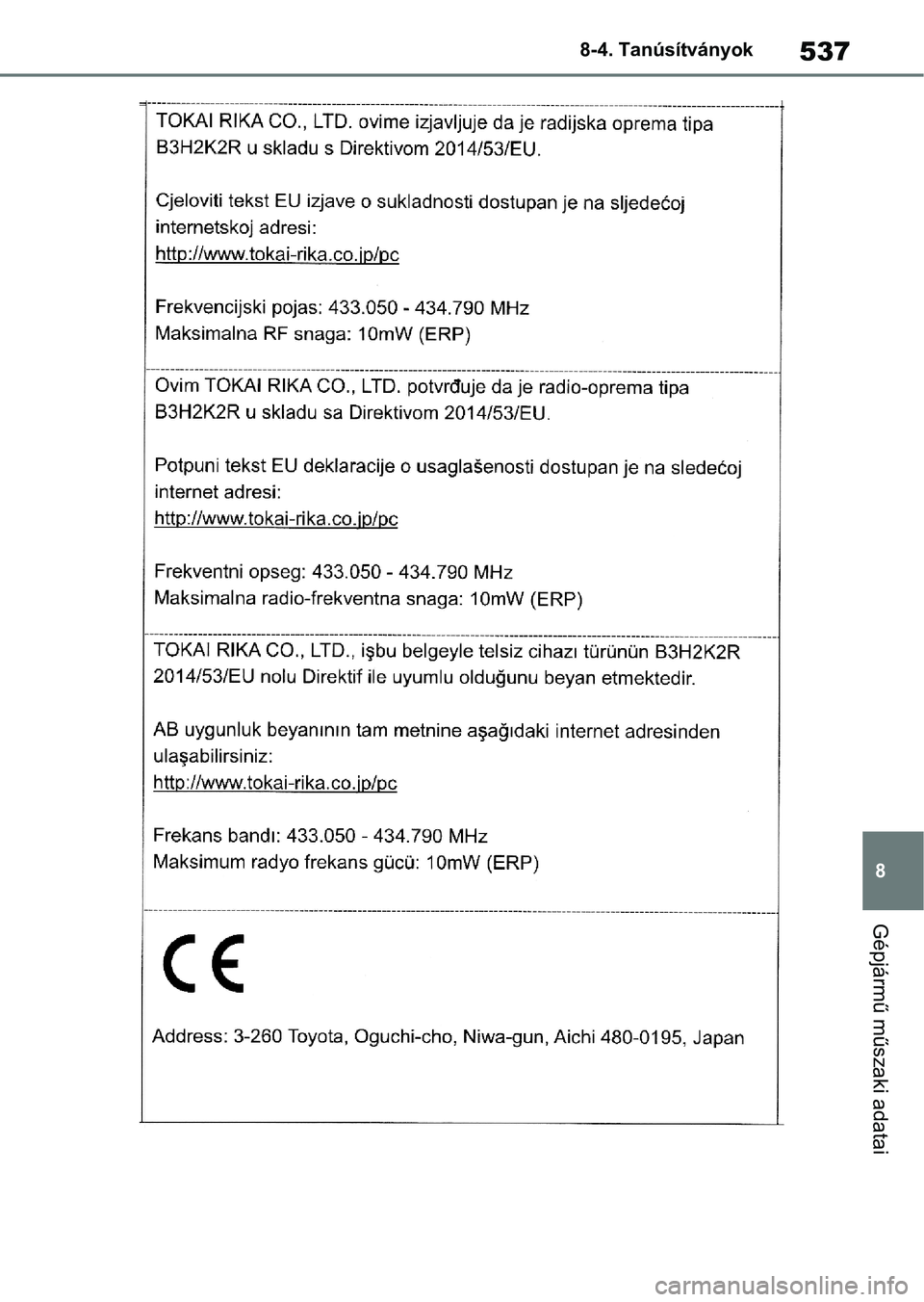 TOYOTA YARIS 2022  Kezelési útmutató (in Hungarian) 537
8
8-4. Tanúsítványok
Gépjármű műszaki adatai 