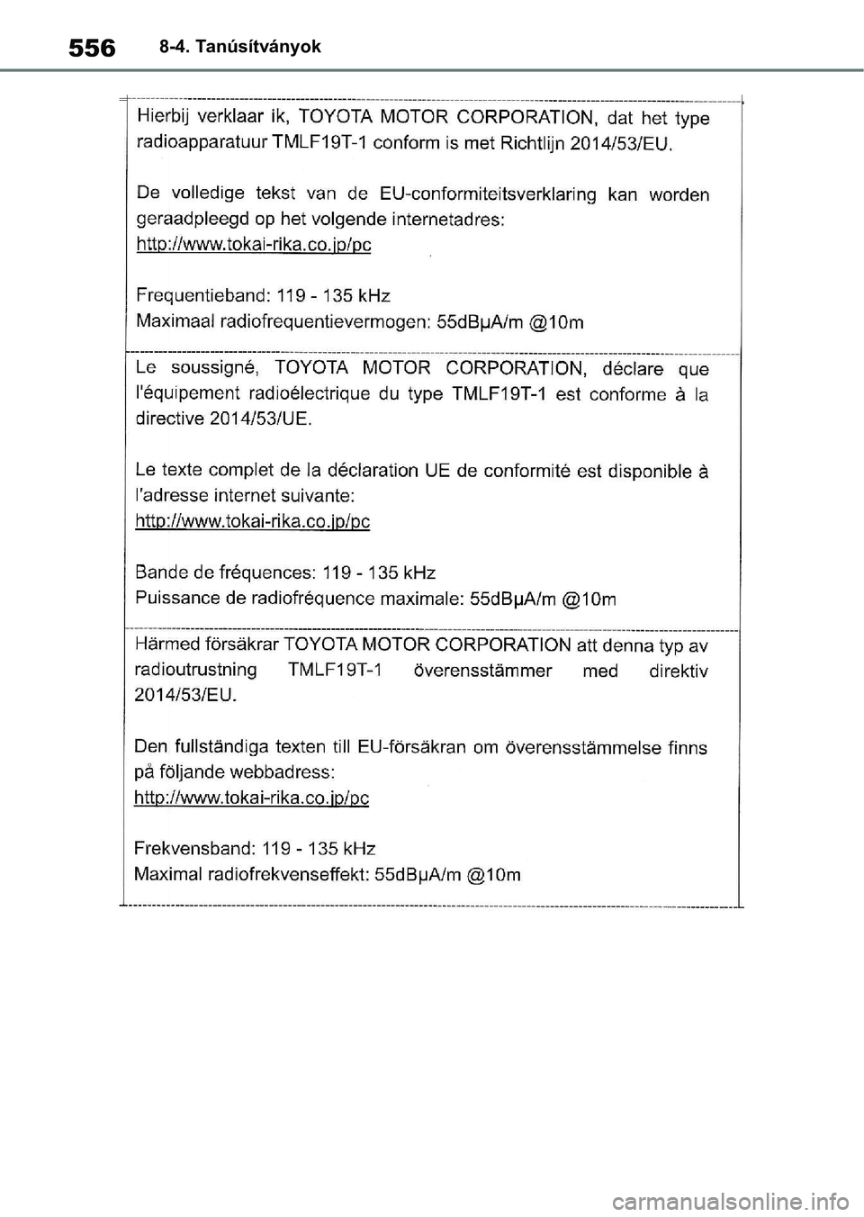 TOYOTA YARIS 2022  Kezelési útmutató (in Hungarian) 5568-4. Tanúsítványok 